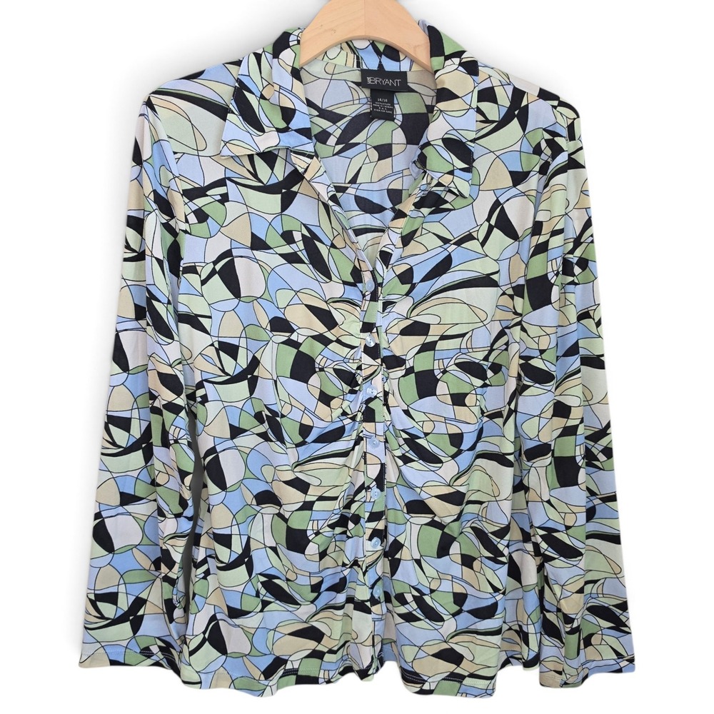 VTG Lane Bryant Womens Plus 1X 14/16 Y2K Abstract Nylon Mesh Button Front Blouse